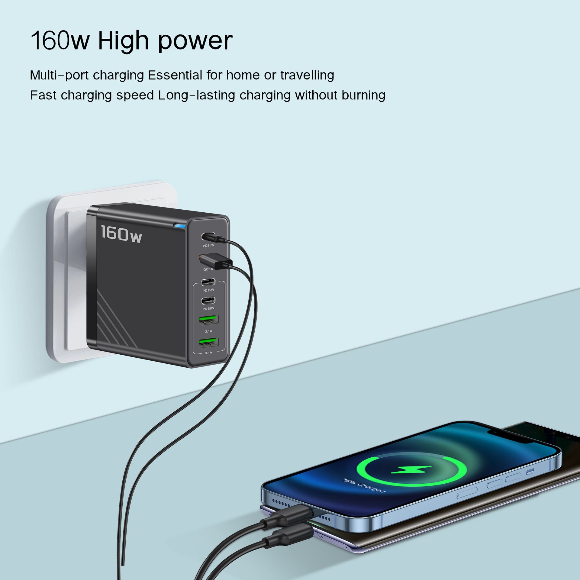 160W multi port PD fast charging charger 3USB+3Type-C European, American and British standards suitable for Apple, Huawei and Xiaomi; 100W super fast charging three in one data cable