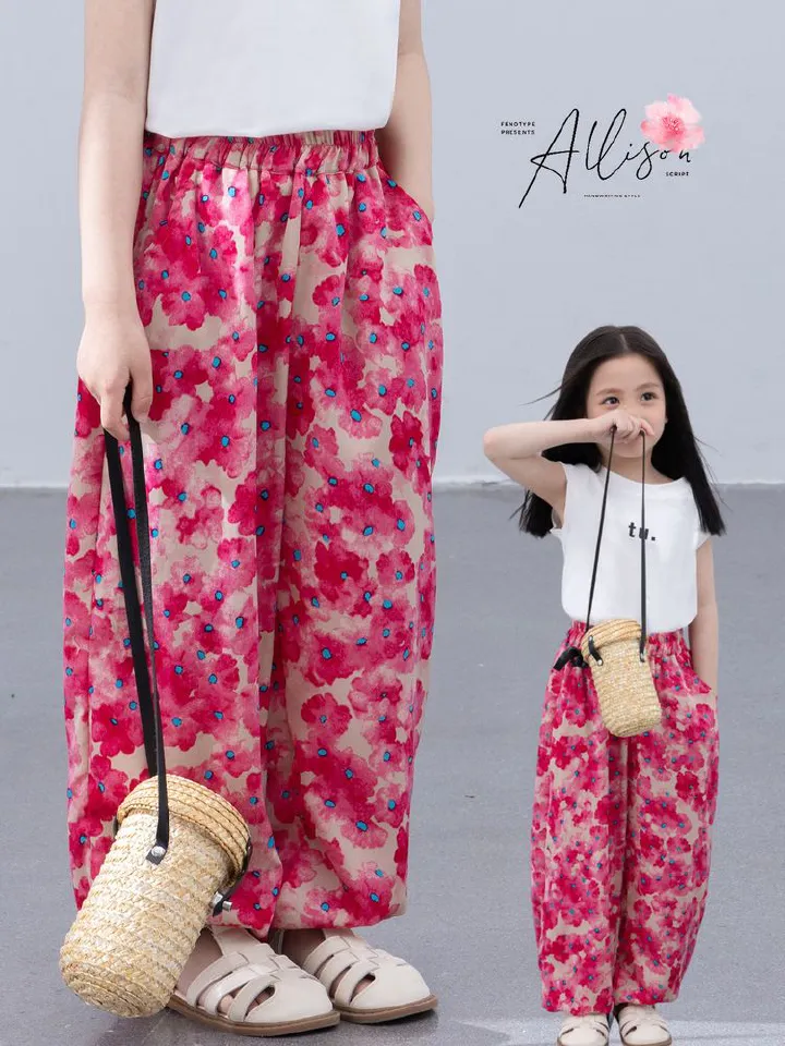 Girls' floral straight pants, children's floral anti-mosquito bell-bottom pants, thin baby loose oil painting style casual long pants