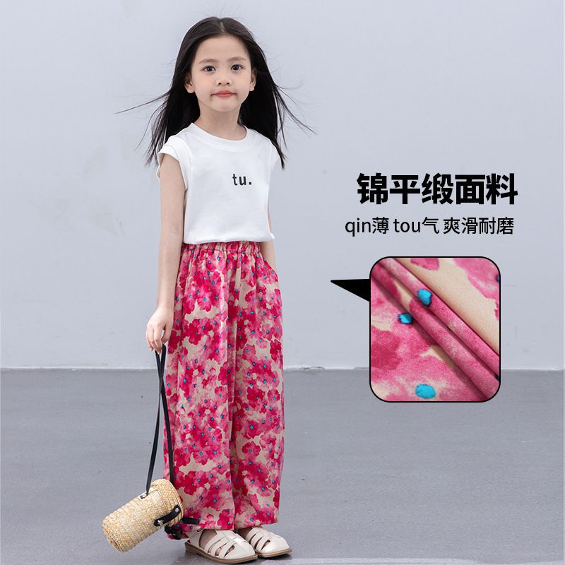 Girls' floral straight pants, children's floral anti-mosquito bell-bottom pants, thin baby loose oil painting style casual long pants