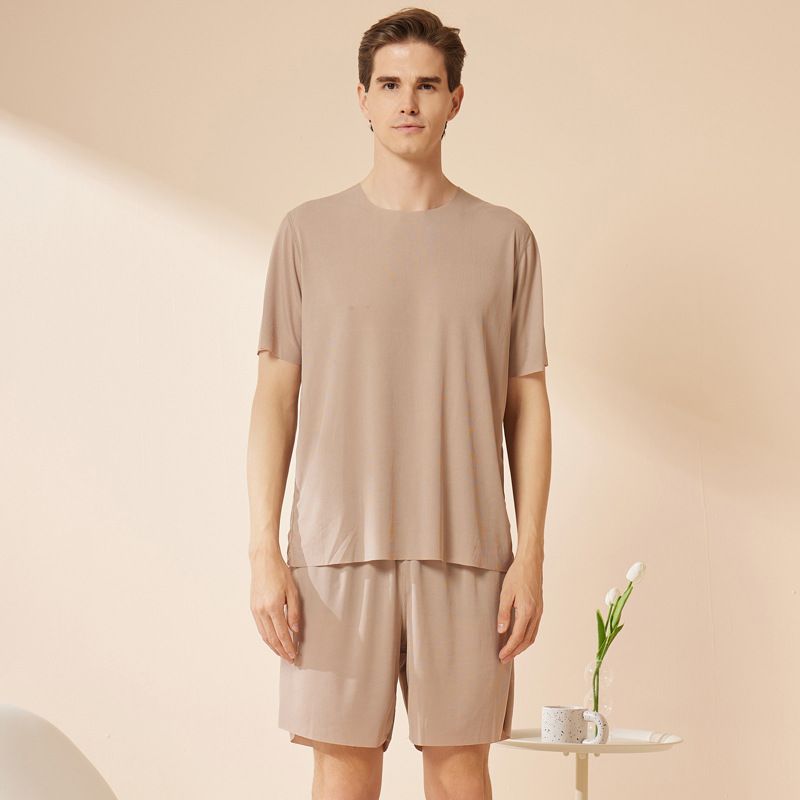 Summer men's and women's ice silk home wear round neck couple seamless short sleeve and shorts set, can be worn as pajamas and pajama pants
