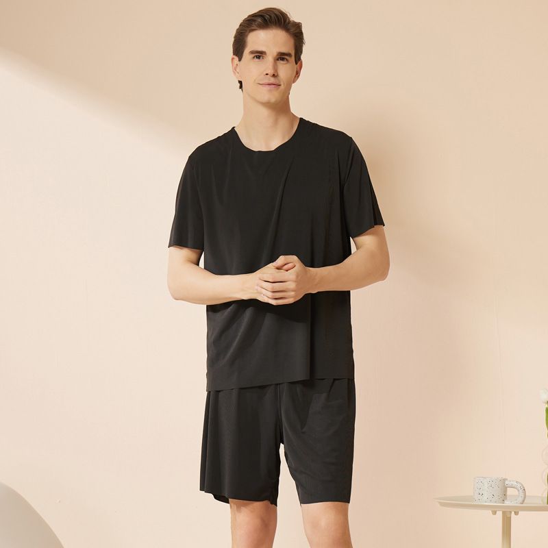 Summer men's and women's ice silk home wear round neck couple seamless short sleeve and shorts set, can be worn as pajamas and pajama pants
