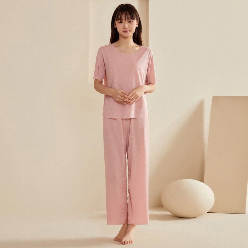 Summer men's and women's ice silk home wear round neck couple seamless short sleeve and shorts set, can be worn as pajamas and pajama pants