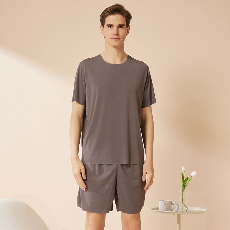 Summer men's and women's ice silk home wear round neck couple seamless short sleeve and shorts set, can be worn as pajamas and pajama pants