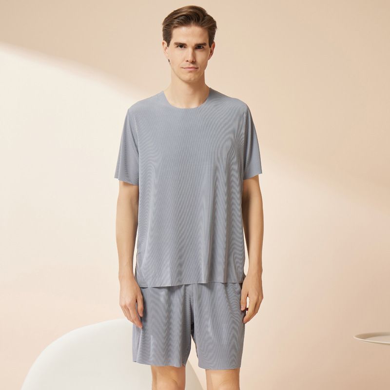 Summer men's and women's ice silk home wear round neck couple seamless short sleeve and shorts set, can be worn as pajamas and pajama pants