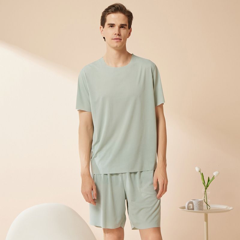 Summer men's and women's ice silk home wear round neck couple seamless short sleeve and shorts set, can be worn as pajamas and pajama pants