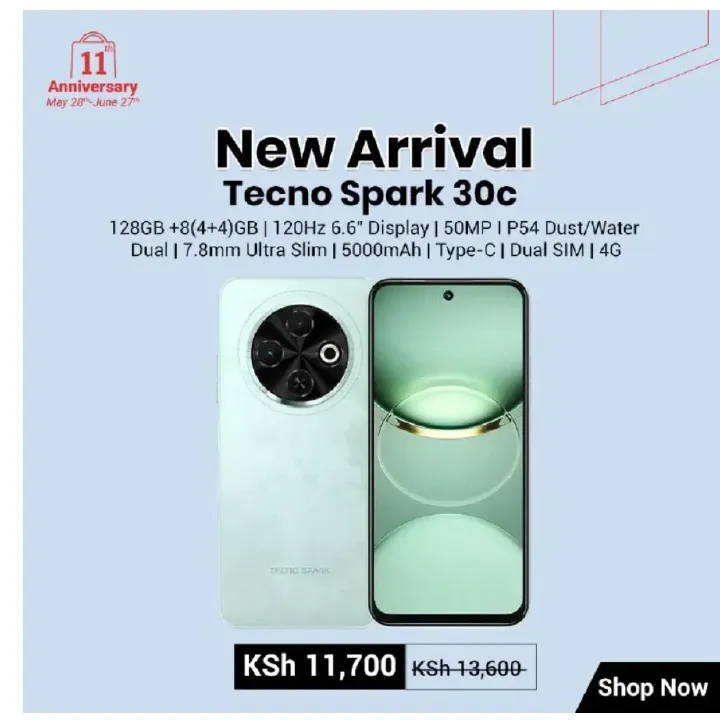 Tecno Spark 30C 128GB +8(4+4)GB 120Hz 6.6" Display Dynamic Port 50MP IP54 Dust/Water Dual Speakers 7.8mm Ultra Slim 5000mAh 18W Type-C Dual SIM 4G Smart Phones Side Fingerprint phone