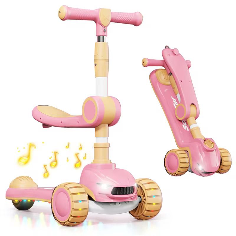 🛴 3-in-1 Foldable Musical Kids Scooter with LED Light Wheels 💖 – 🌈 Adjustable Handlebar & Comfortable Seat | 🎵 Fun Music & Flashing Lights for Exciting Rides | 🚴‍♀️ Convertible Design – Ride, Sit
