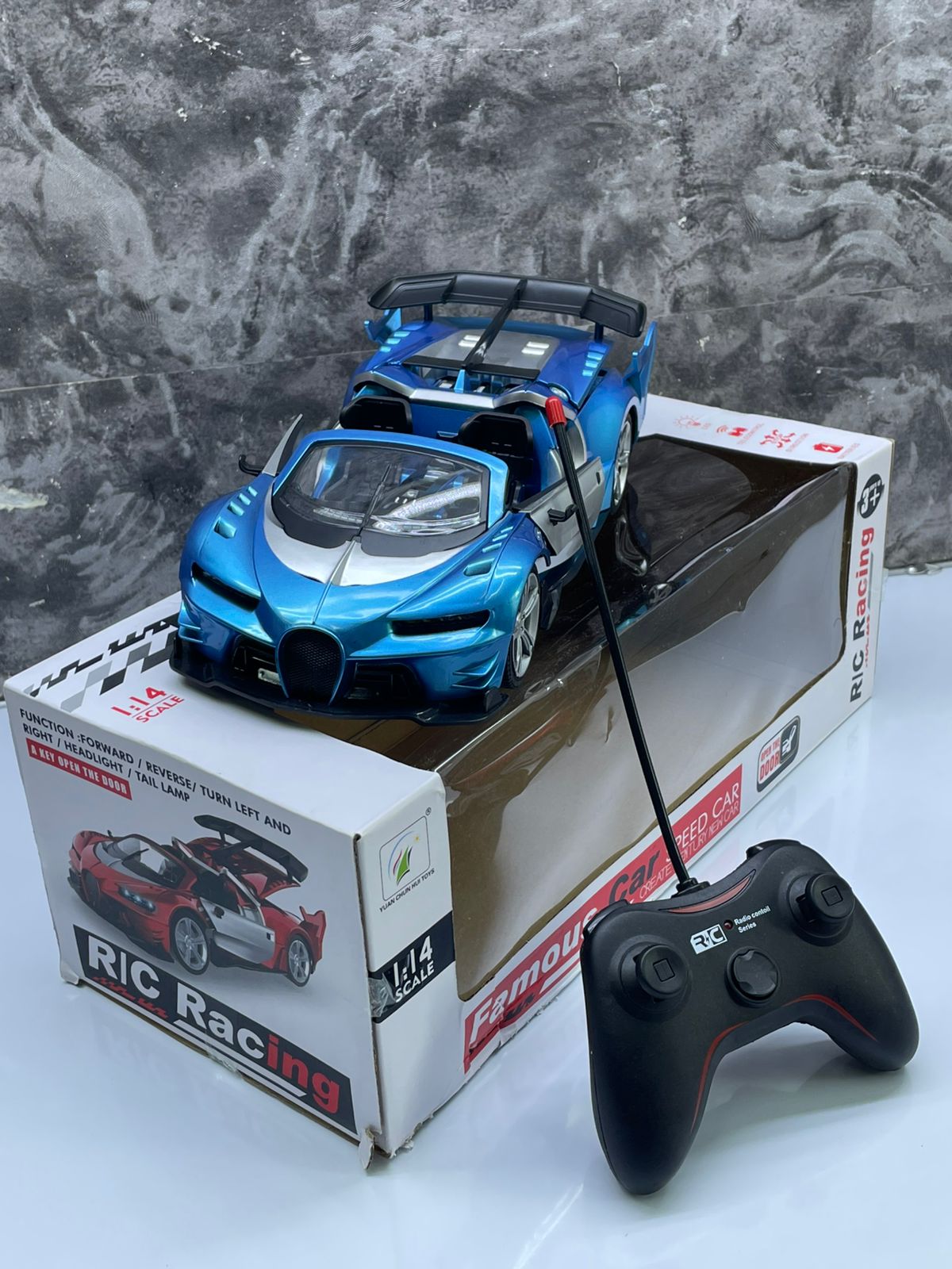 🚗 R/C Racing Super Speed Car – 1:14 Scale Model ⚡ – 🏎️ Sleek Blue Design with Opening Doors & Spoiler | 🎮 Remote Control for Forward, Reverse, Left & Right Turns | 💡 Headlights & Tail Lamps for Re