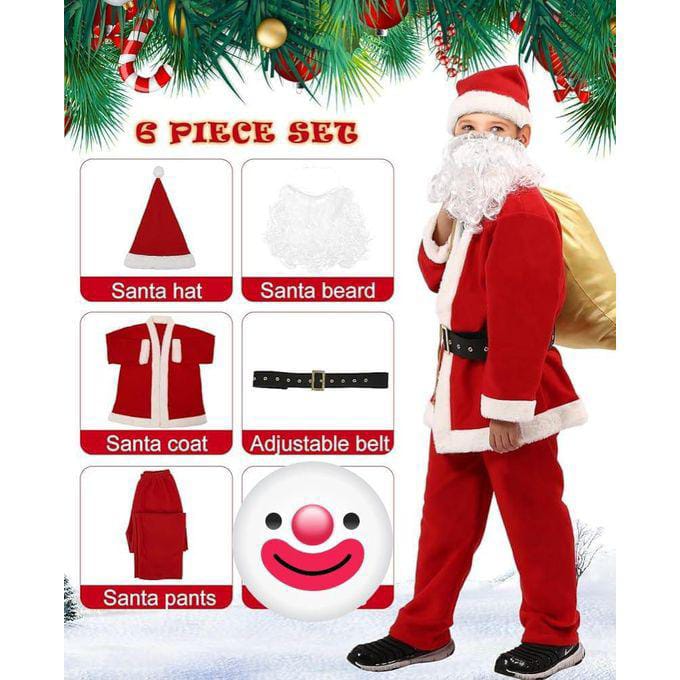 ✨Kids 6-Piece Santa Claus Costume Set – Festive Holiday Outfit with Hat, Coat, Pants, Beard & Adjustable Belt 🎅🎄✨ Make this Christmas extra magical with this adorable 6-piece Santa costume set for