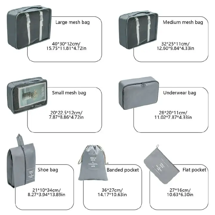 High quality,fashionable Waterproof 7pcs Travel suitcase organizer bags pack. Ensures clothes and documents are well organized while travelling.