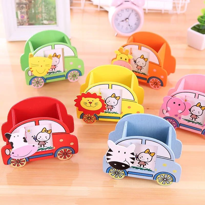 Wooden cartoon car shaped penholder. It is multi coloured with car design and photo slots for kids photos. It is light but durable and strong.
