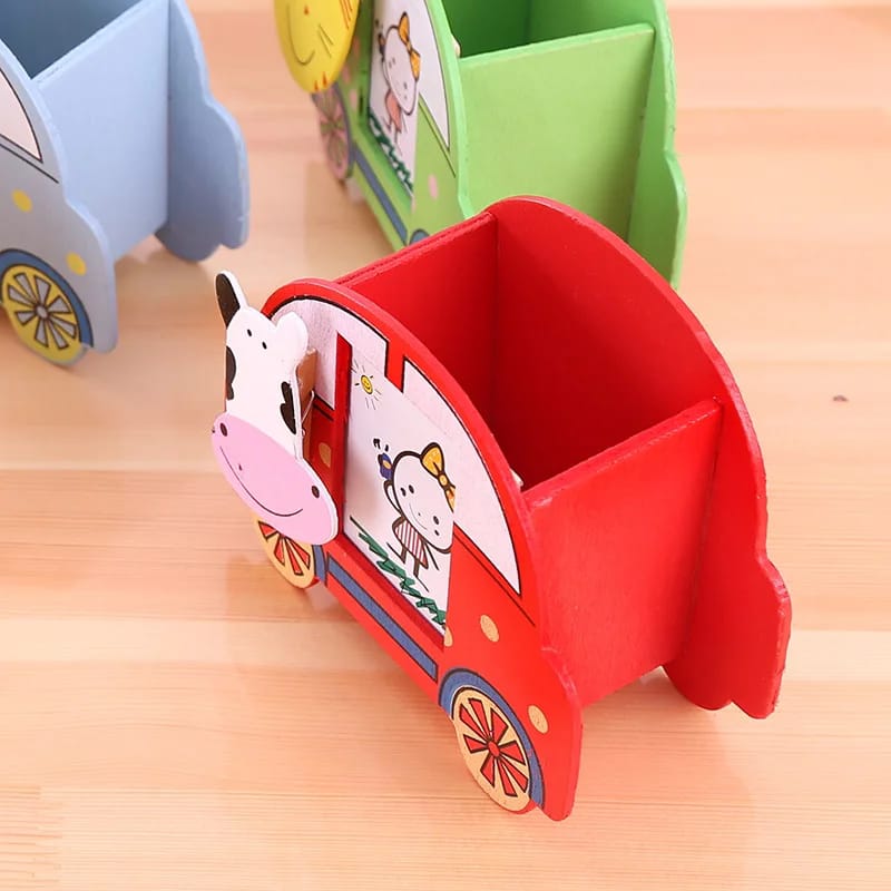 Wooden cartoon car shaped penholder. It is multi coloured with car design and photo slots for kids photos. It is light but durable and strong.