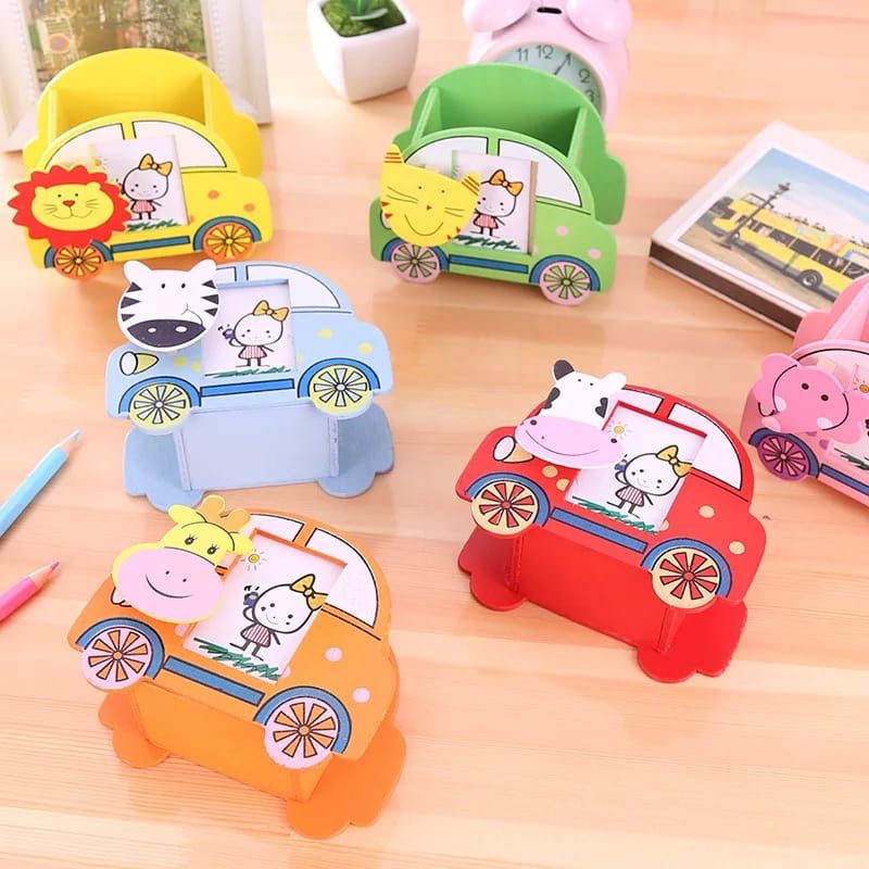 Wooden cartoon car shaped penholder. It is multi coloured with car design and photo slots for kids photos. It is light but durable and strong.
