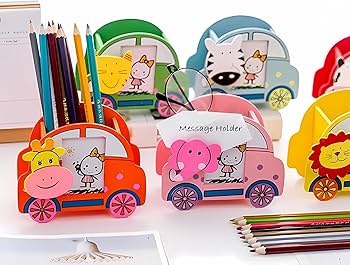 Wooden cartoon car shaped penholder. It is multi coloured with car design and photo slots for kids photos. It is light but durable and strong.
