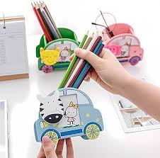 Wooden cartoon car shaped penholder. It is multi coloured with car design and photo slots for kids photos. It is light but durable and strong.