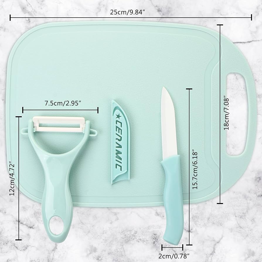NORDIC 3in1 knife, peeler, chop board. Three-Piece Set:Comprehensive set includes a peeler, fruit knife, and chopping board for versatile kitchen tasks.