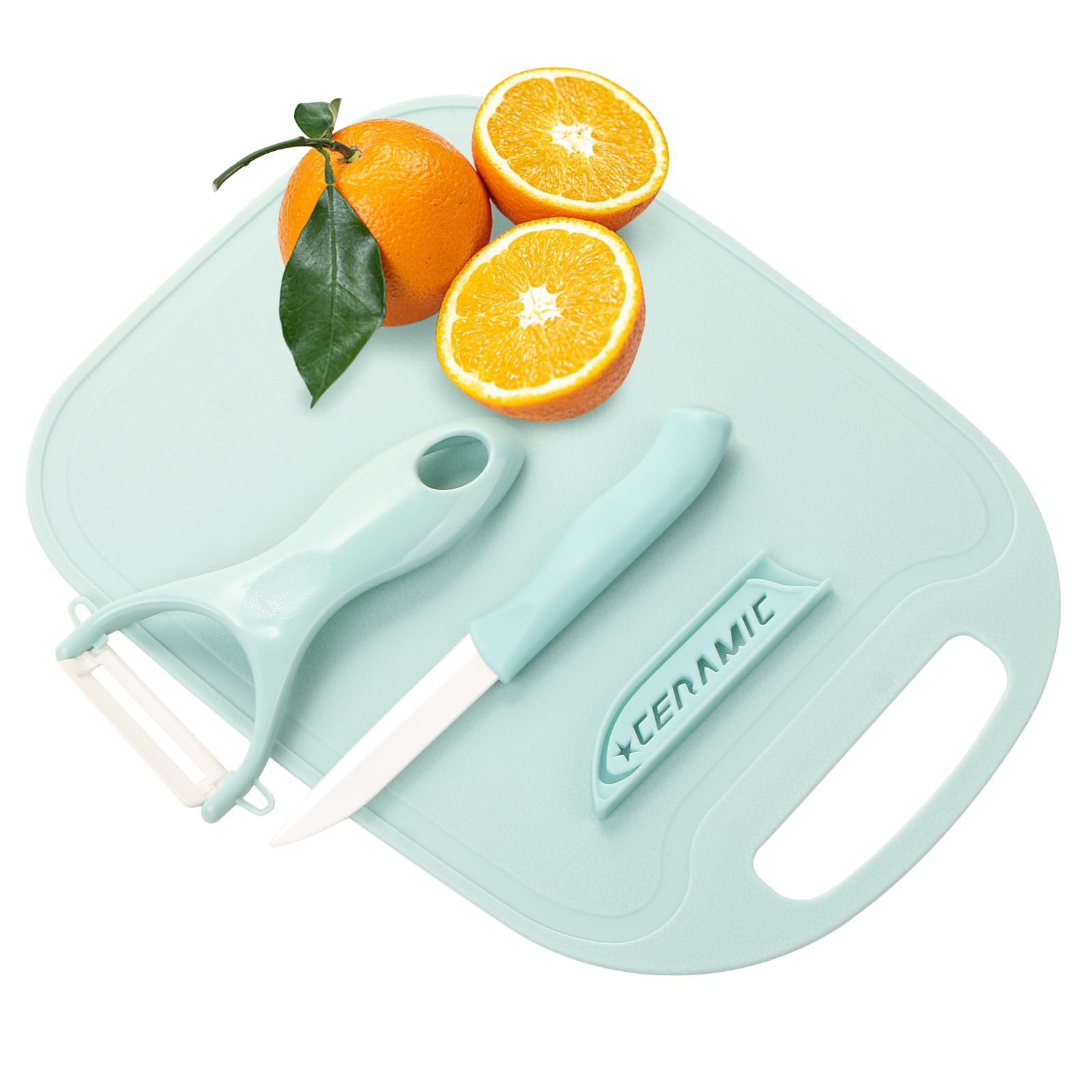 NORDIC 3in1 knife, peeler, chop board. Three-Piece Set:Comprehensive set includes a peeler, fruit knife, and chopping board for versatile kitchen tasks.