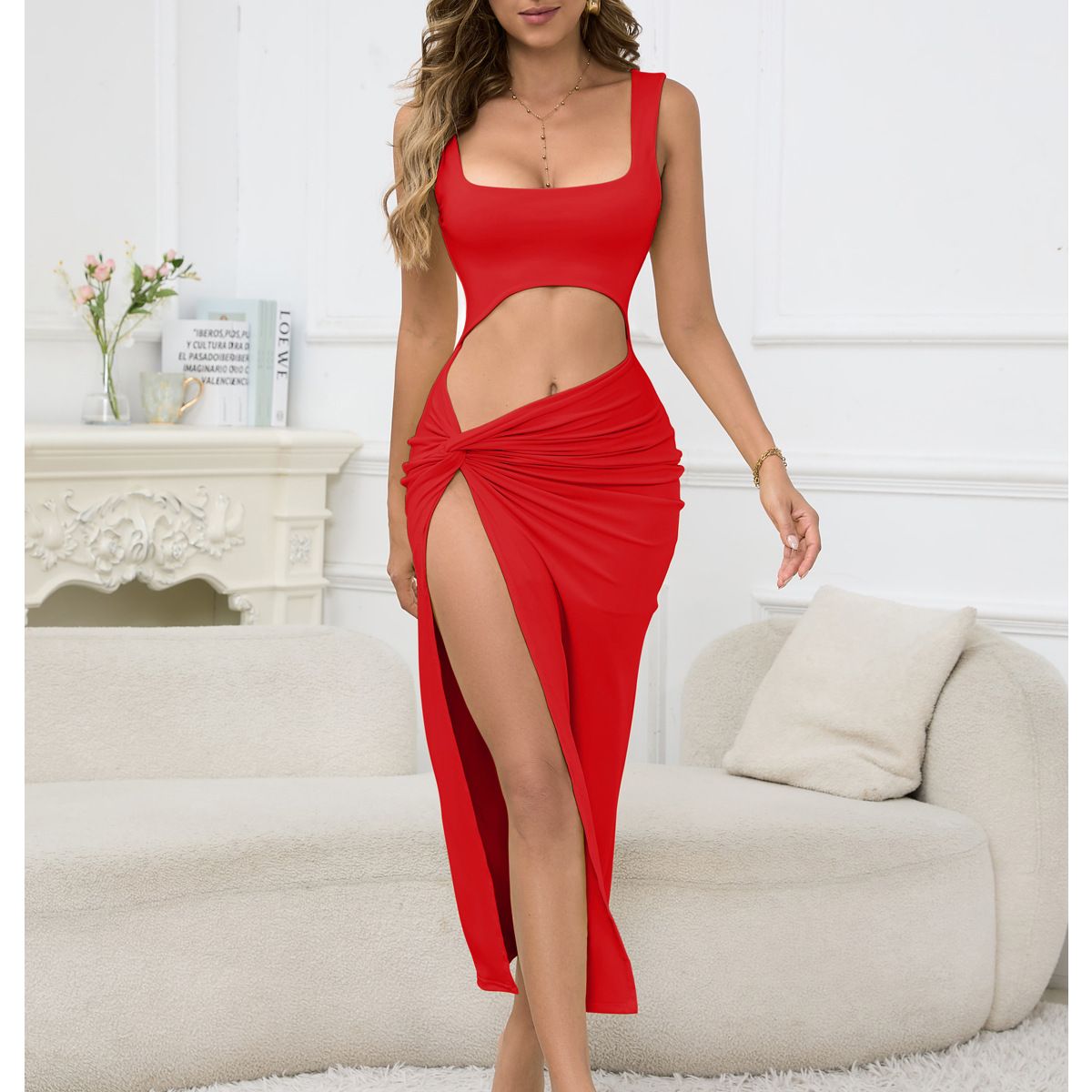 Women's long dress 2025 new suspender solid color hollow out navel sexy dress