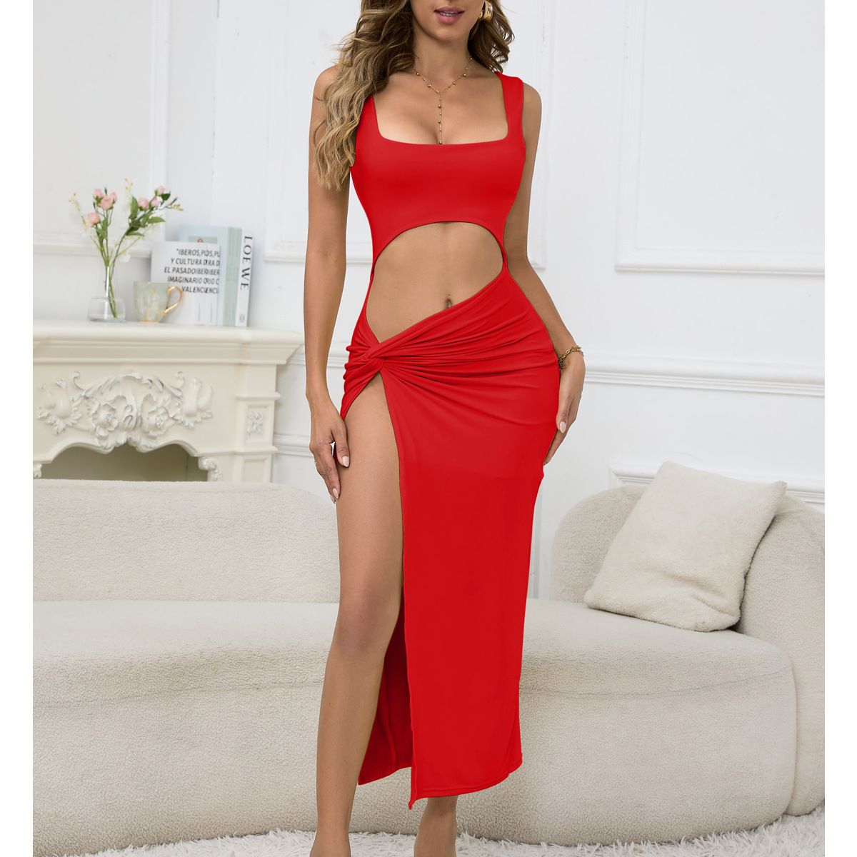 Women's long dress 2025 new suspender solid color hollow out navel sexy dress