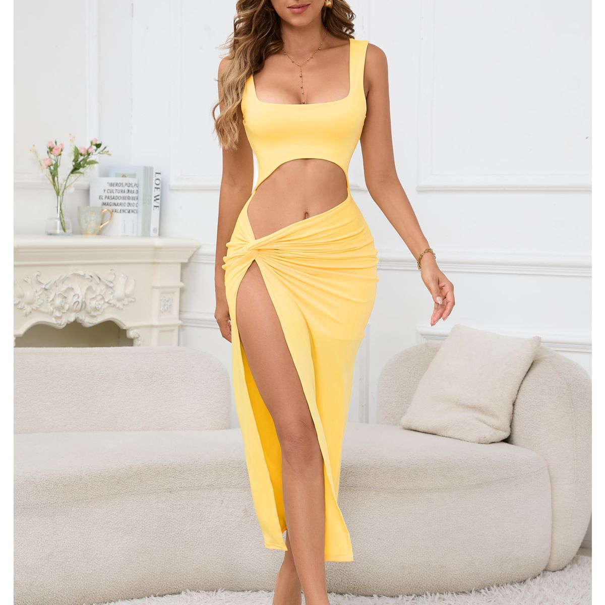 Women's long dress 2025 new suspender solid color hollow out navel sexy dress