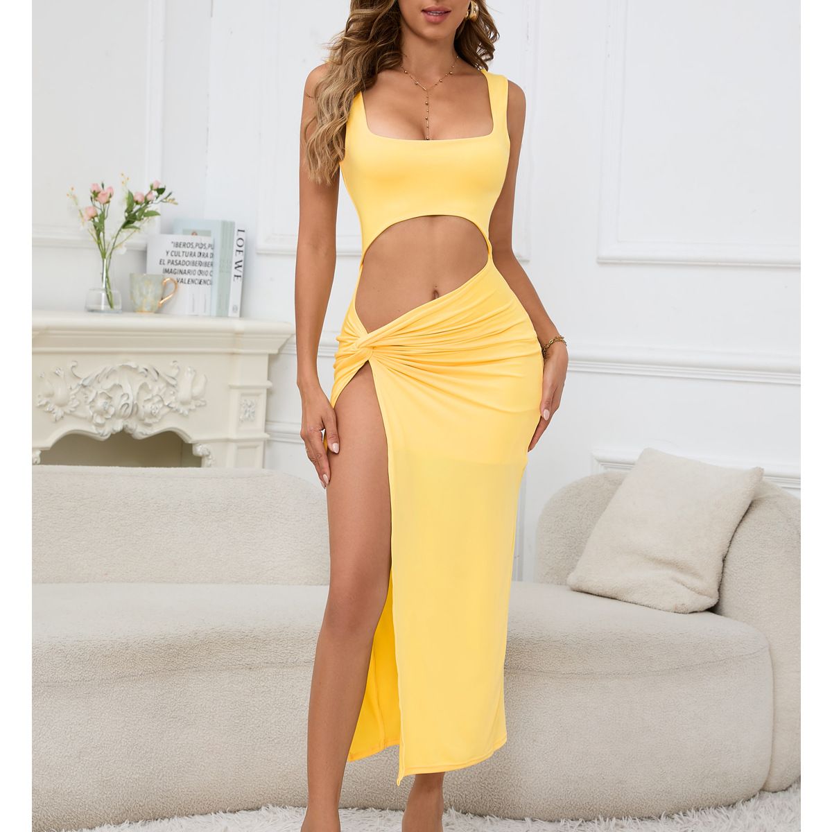 Women's long dress 2025 new suspender solid color hollow out navel sexy dress