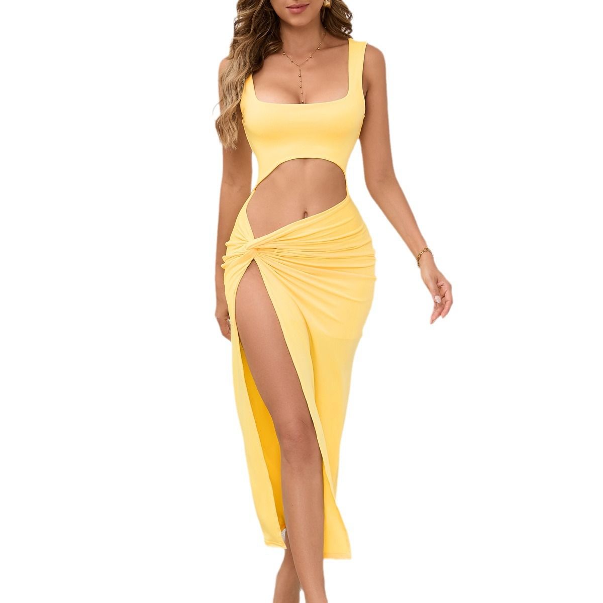 Women's long dress 2025 new suspender solid color hollow out navel sexy dress