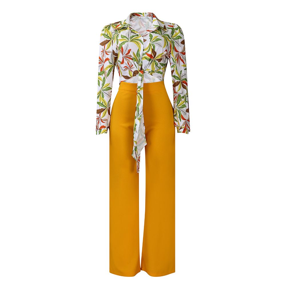 Women's suit autumn print lapel long sleeved shirt top wide leg pants two-piece set