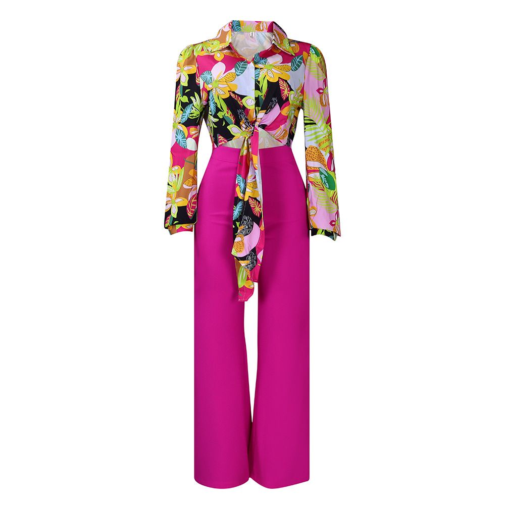 Women's suit autumn print lapel long sleeved shirt top wide leg pants two-piece set