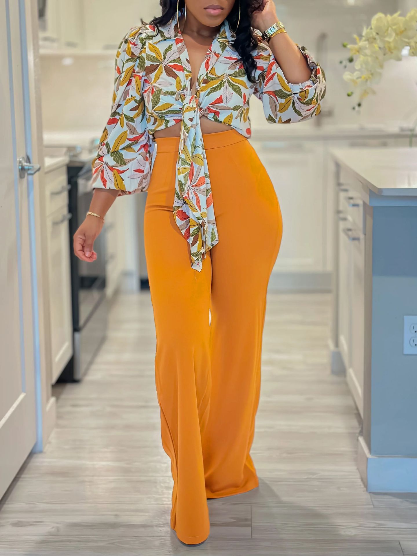 Women's suit autumn print lapel long sleeved shirt top wide leg pants two-piece set