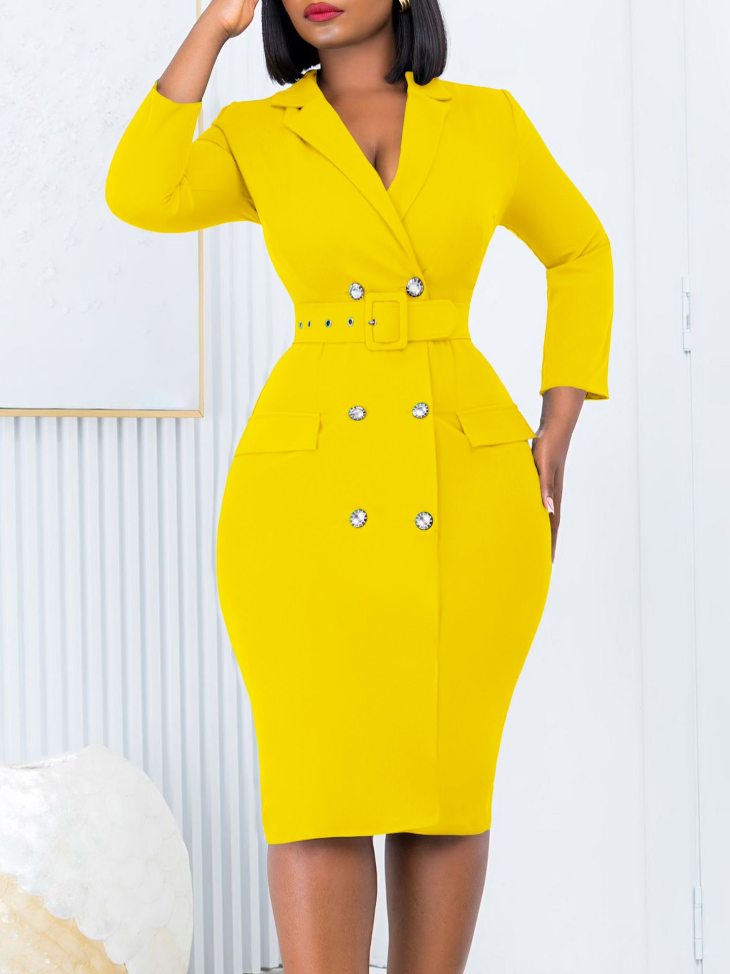 New temperament commuting OL suit collar solid color double breasted plus size dress