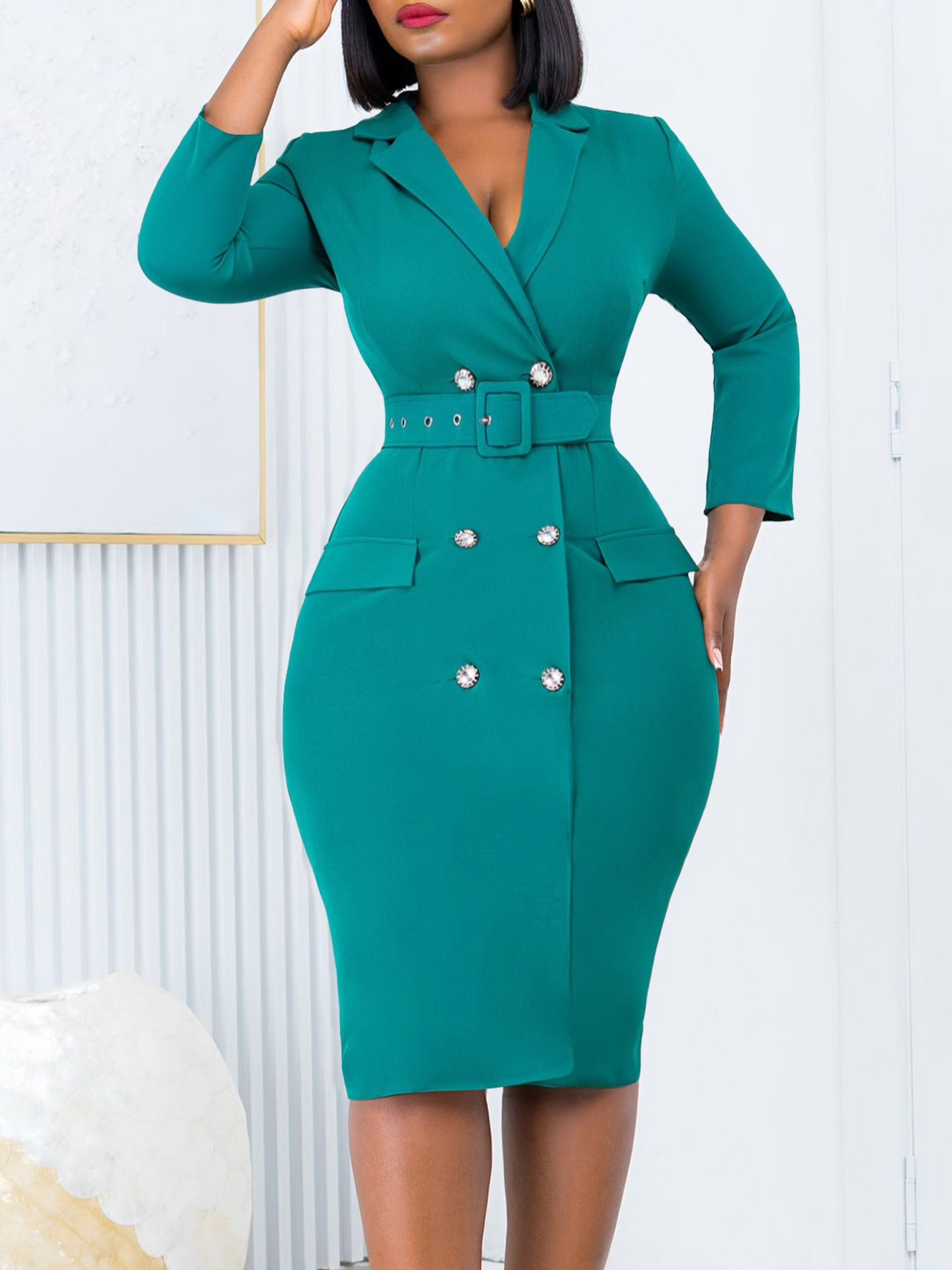 New temperament commuting OL suit collar solid color double breasted plus size dress