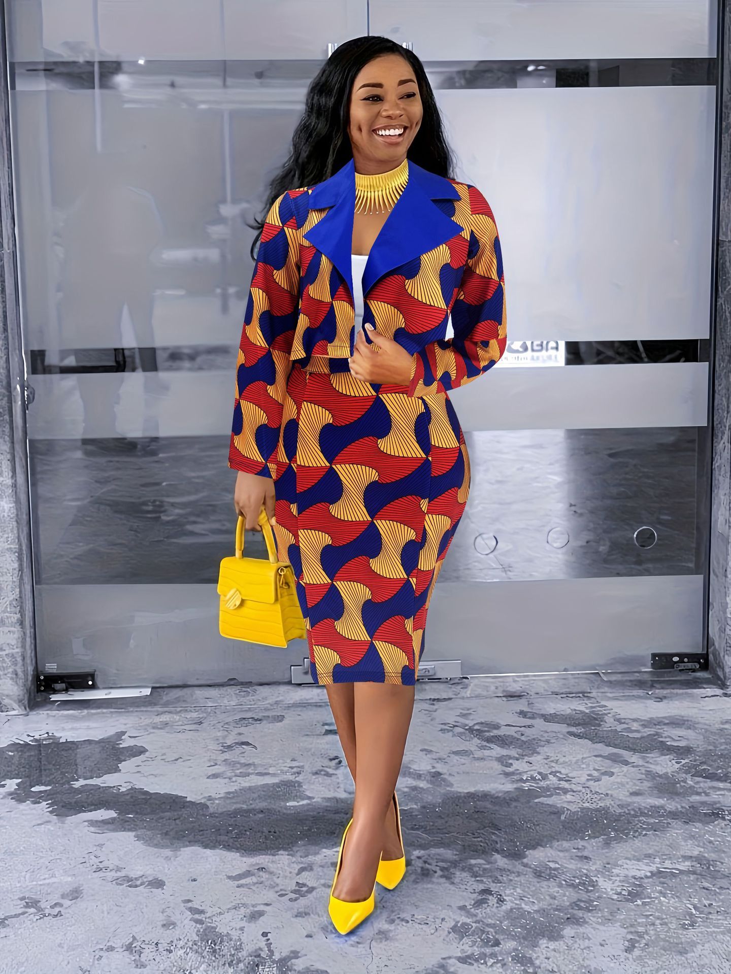 Elegant temperament, fashionable printed small suit, half skirt, two-piece set for women
