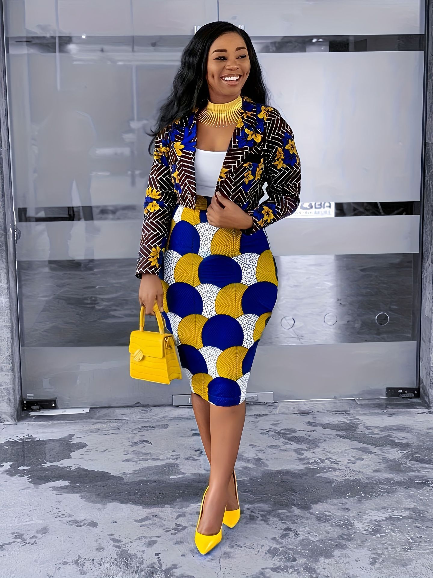 Elegant temperament, fashionable printed small suit, half skirt, two-piece set for women