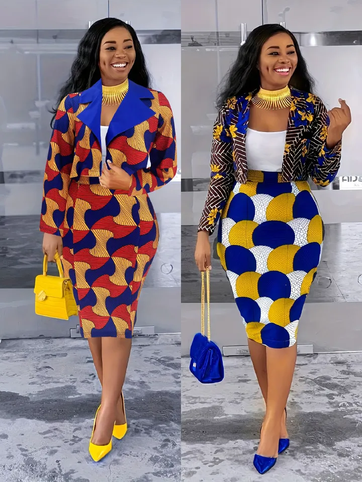 Elegant temperament, fashionable printed small suit, half skirt, two-piece set for women