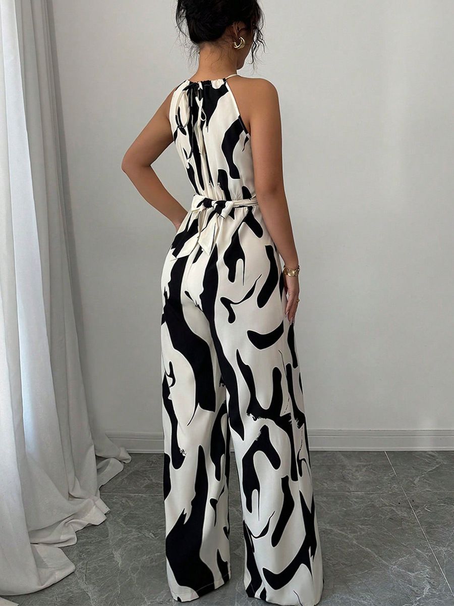 Zebra striped camisole jumpsuit 2025 spring and summer European and American style lace up wide leg pants for women's wear