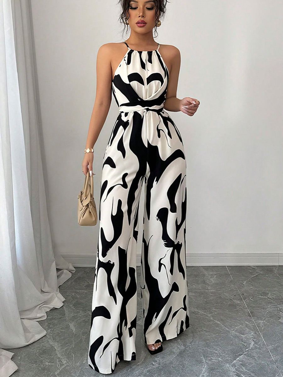 Zebra striped camisole jumpsuit 2025 spring and summer European and American style lace up wide leg pants for women's wear