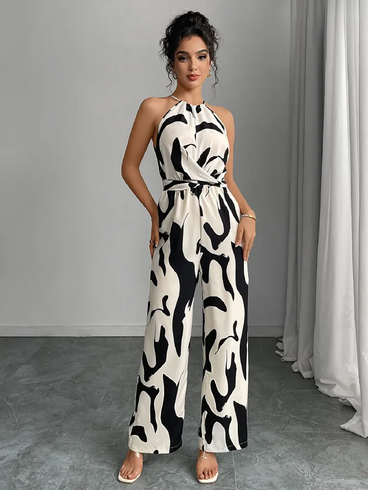 Zebra striped camisole jumpsuit 2025 spring and summer European and American style lace up wide leg pants for women's wear