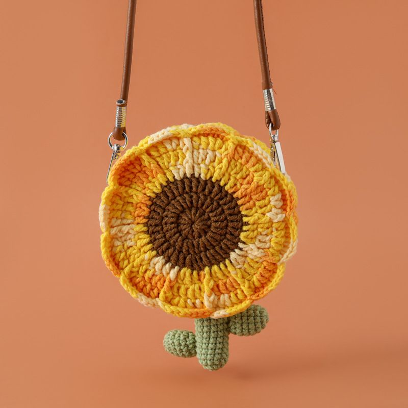 Handmade finished flower unisex bag, youth campus style, rayon yarn crochet sunflower flower bag, men and women crochet crossbody bag.
