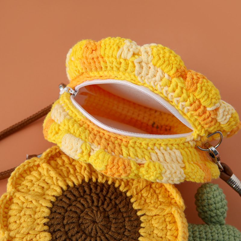 Handmade finished flower unisex bag, youth campus style, rayon yarn crochet sunflower flower bag, men and women crochet crossbody bag.