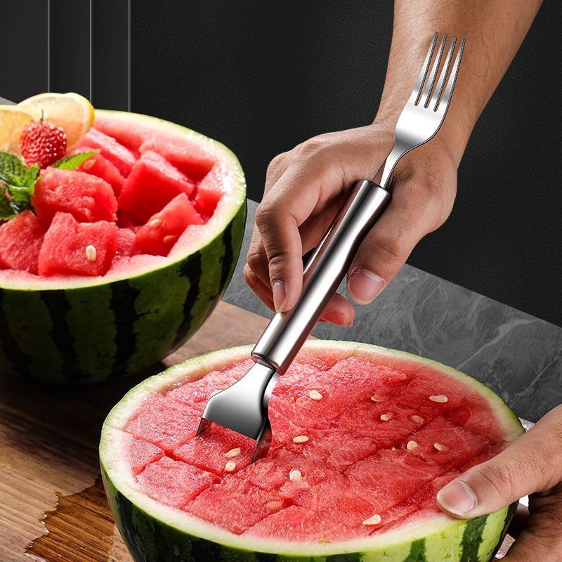 Watermelon cutting tool stainless steel dicer household fruit fork water tray kitchen dual-use double head watermelon