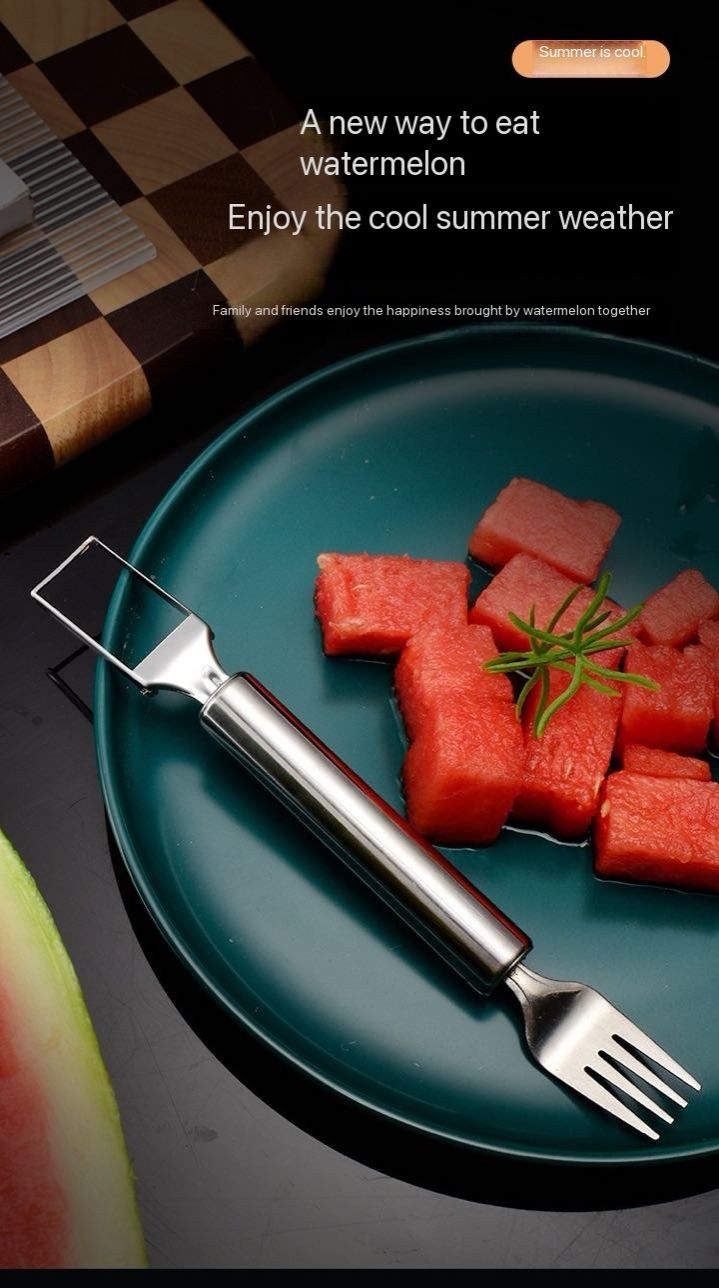 Watermelon cutting tool stainless steel dicer household fruit fork water tray kitchen dual-use double head watermelon