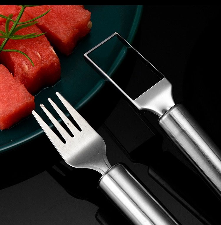 Watermelon cutting tool stainless steel dicer household fruit fork water tray kitchen dual-use double head watermelon