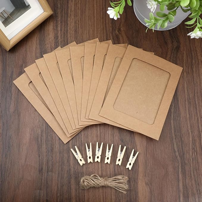 10 Pcs Paper Picture Frames, Paper Photo Frame Cardboard Photo Frames with Clips and Strings DIY Clip Hanging Photos Display Holders for Home, Classroom, Office, Wedding(Gray)