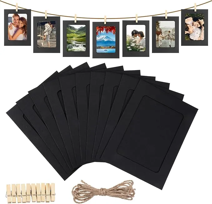 10 Pcs Paper Picture Frames, Paper Photo Frame Cardboard Photo Frames with Clips and Strings DIY Clip Hanging Photos Display Holders for Home, Classroom, Office, Wedding(Gray)
