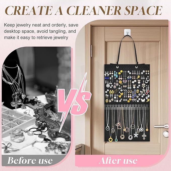 Hanging Earring Holder Organizer, Upgraded Wall Jewelry Organizer Storage for Earrings, Necklaces, Bracelets and Ankles, Premium Black Earring Display Hanger for Women & Girls