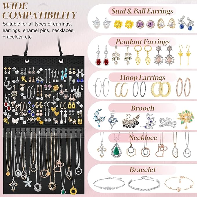 Hanging Earring Holder Organizer, Upgraded Wall Jewelry Organizer Storage for Earrings, Necklaces, Bracelets and Ankles, Premium Black Earring Display Hanger for Women & Girls
