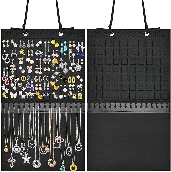 Hanging Earring Holder Organizer, Upgraded Wall Jewelry Organizer Storage for Earrings, Necklaces, Bracelets and Ankles, Premium Black Earring Display Hanger for Women & Girls