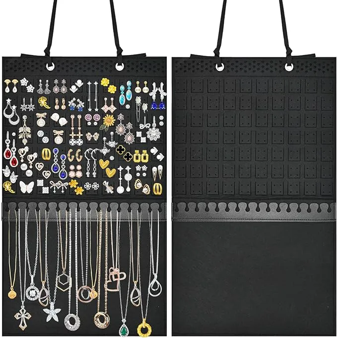 Hanging Earring Holder Organizer, Upgraded Wall Jewelry Organizer Storage for Earrings, Necklaces, Bracelets and Ankles, Premium Black Earring Display Hanger for Women & Girls