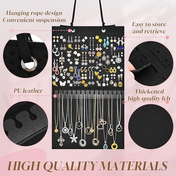 Hanging Earring Holder Organizer, Upgraded Wall Jewelry Organizer Storage for Earrings, Necklaces, Bracelets and Ankles, Premium Black Earring Display Hanger for Women & Girls