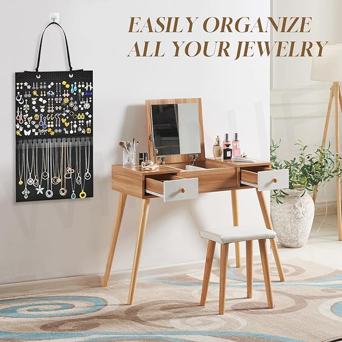 Hanging Earring Holder Organizer, Upgraded Wall Jewelry Organizer Storage for Earrings, Necklaces, Bracelets and Ankles, Premium Black Earring Display Hanger for Women & Girls